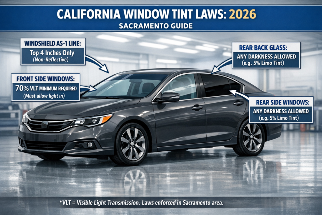 Infographic showing legal window tint levels in California for 2026 including 70% VLT front and dark rear windows