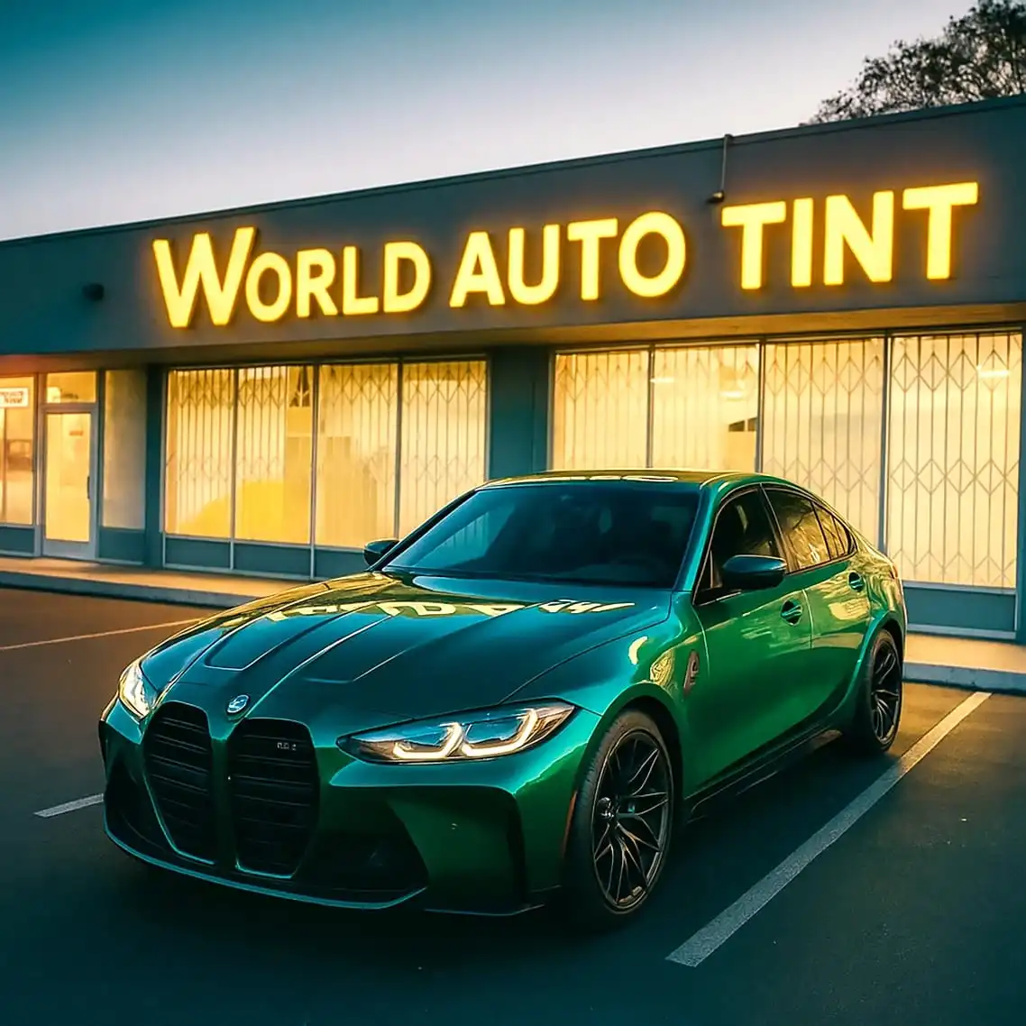 Green BMW with professional 3M window tint, paint protection film, and ceramic coating by World Auto Tint & Detail in Sacramento